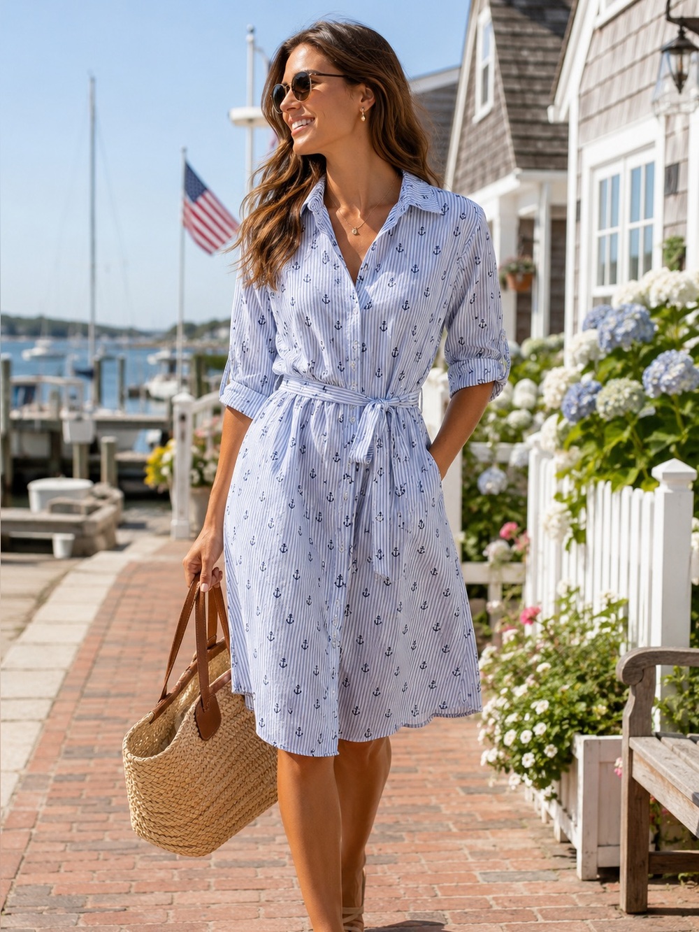 Chloe + Rene Blue White Striped Shirt Dress Coastal Nautical Tie Waist M